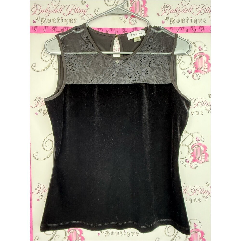 Calvin Klein tank top Black Velvet Tank with Gray Lace Yoke